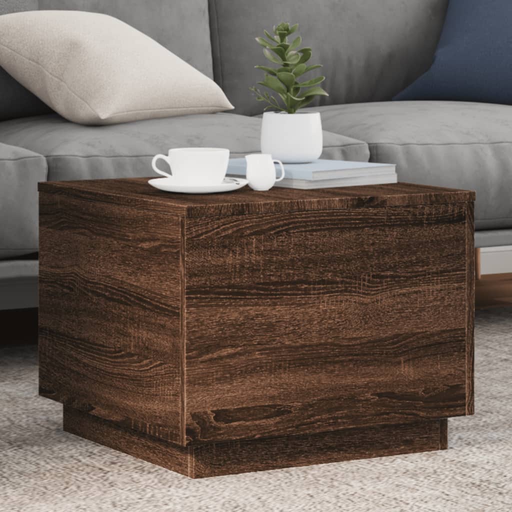 Sofabord med LED lys brun eg look 50x50x40 cm