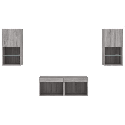 4-tlg. TV-Wohnwand mit LED-Leuchten Grau Sonoma