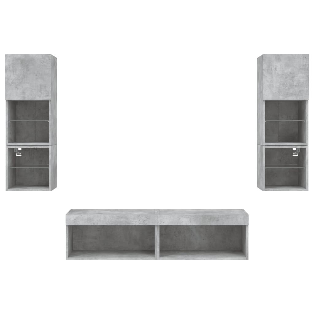 6-tlg. Wohnwand mit LED-Beleuchtung Betongrau Holzwerkstoff