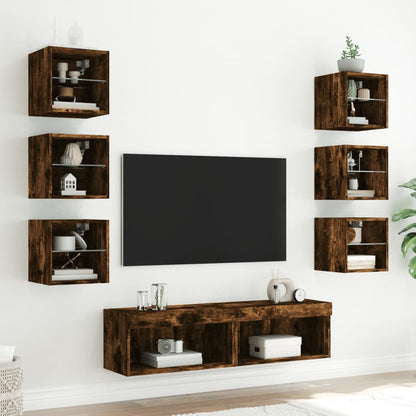 8-tlg. Wohnwand mit LED-Beleuchtung Räuchereiche Holzwerkstoff
