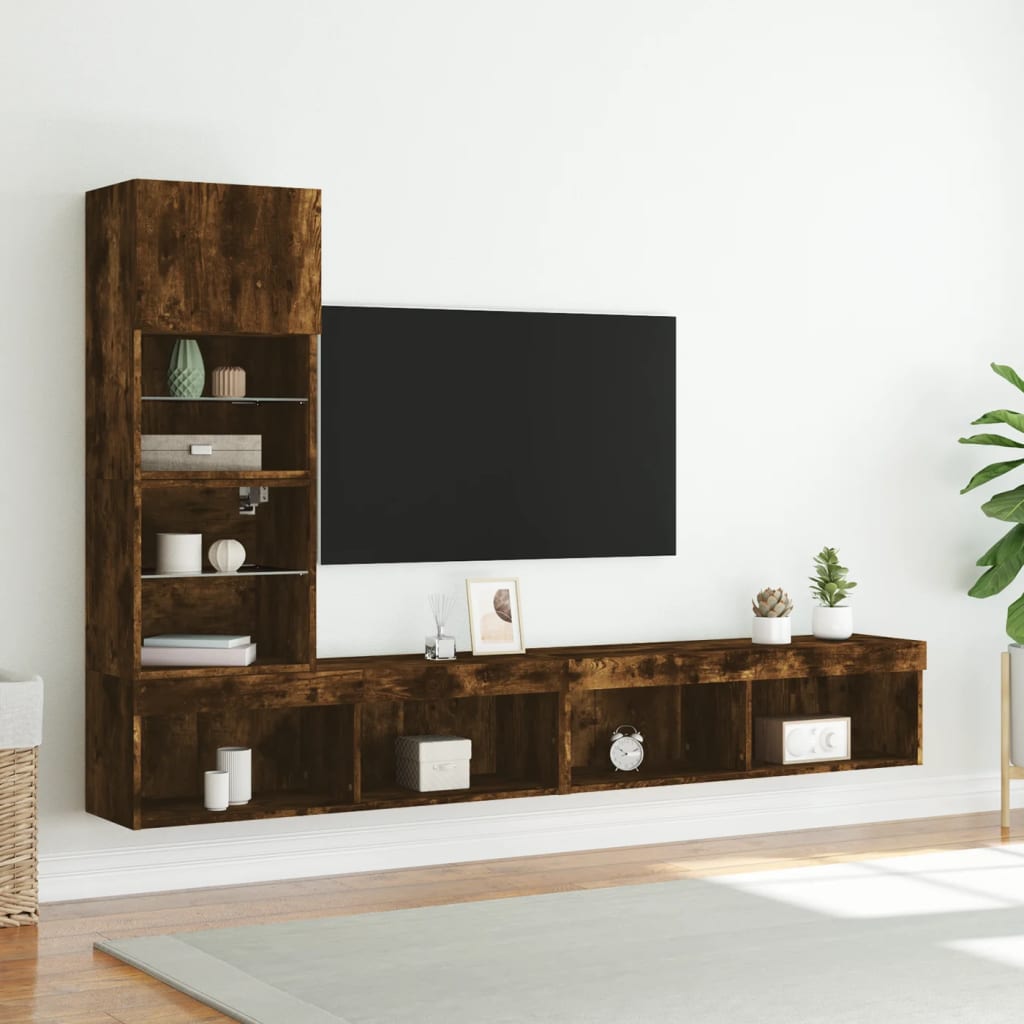4-tlg. Wohnwand mit LED-Beleuchtung Räuchereiche Holzwerkstoff