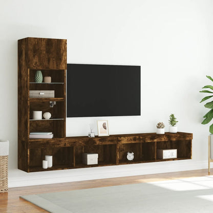 4-tlg. Wohnwand mit LED-Beleuchtung Räuchereiche Holzwerkstoff