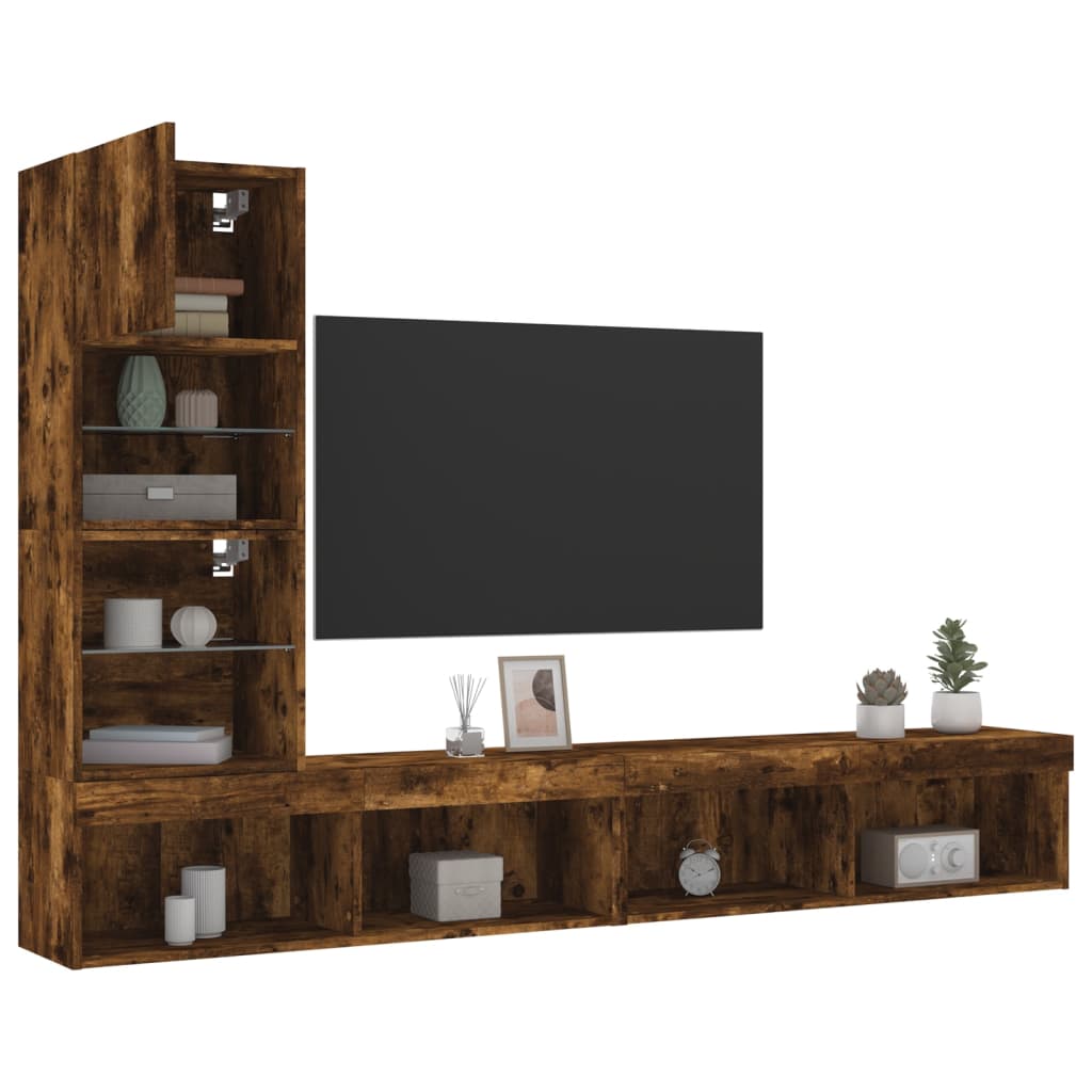 4-tlg. Wohnwand mit LED-Beleuchtung Räuchereiche Holzwerkstoff