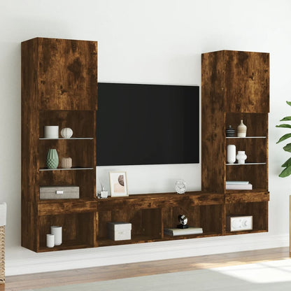 5-tlg. Wohnwand mit LED-Beleuchtung Räuchereiche Holzwerkstoff