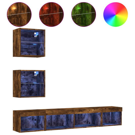 5-tlg. Wohnwand mit LED-Beleuchtung Räuchereiche Holzwerkstoff