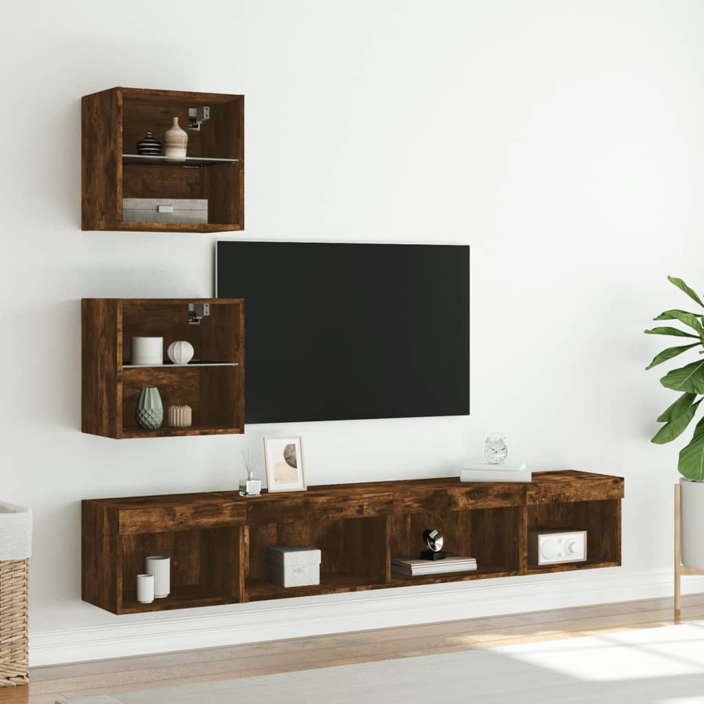 5-tlg. Wohnwand mit LED-Beleuchtung Räuchereiche Holzwerkstoff