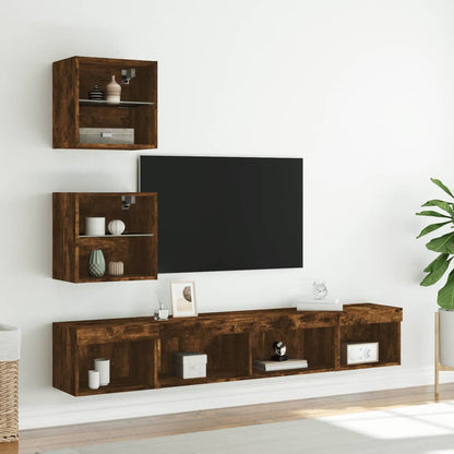 5-tlg. Wohnwand mit LED-Beleuchtung Räuchereiche Holzwerkstoff