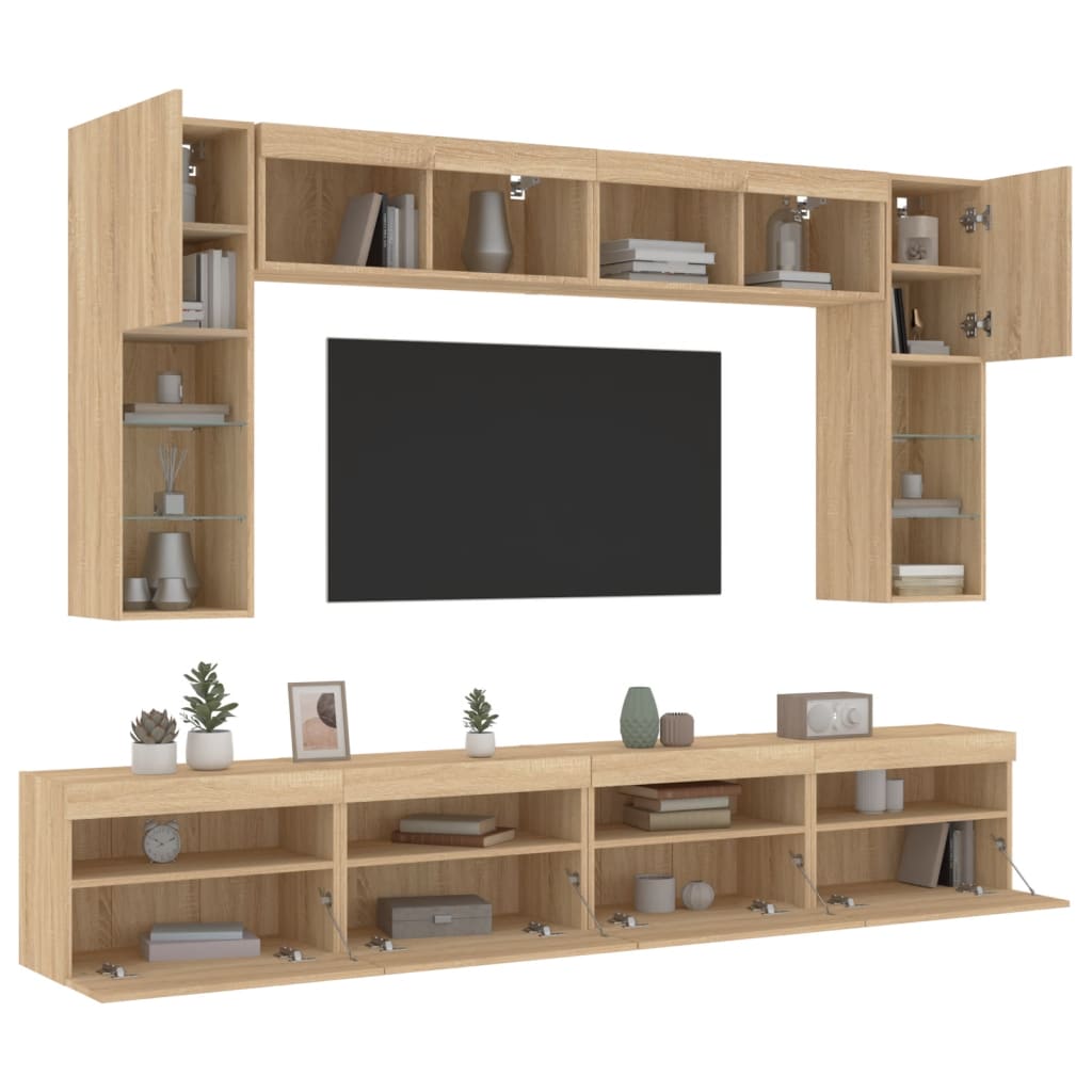 8-tlg. TV-Wohnwand mit LED-Leuchten Sonoma-Eiche