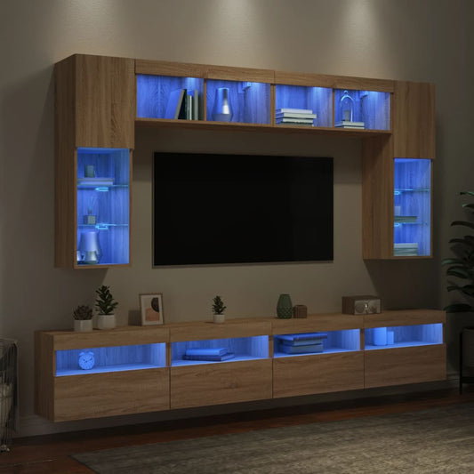8-tlg. TV-Wohnwand mit LED-Leuchten Sonoma-Eiche