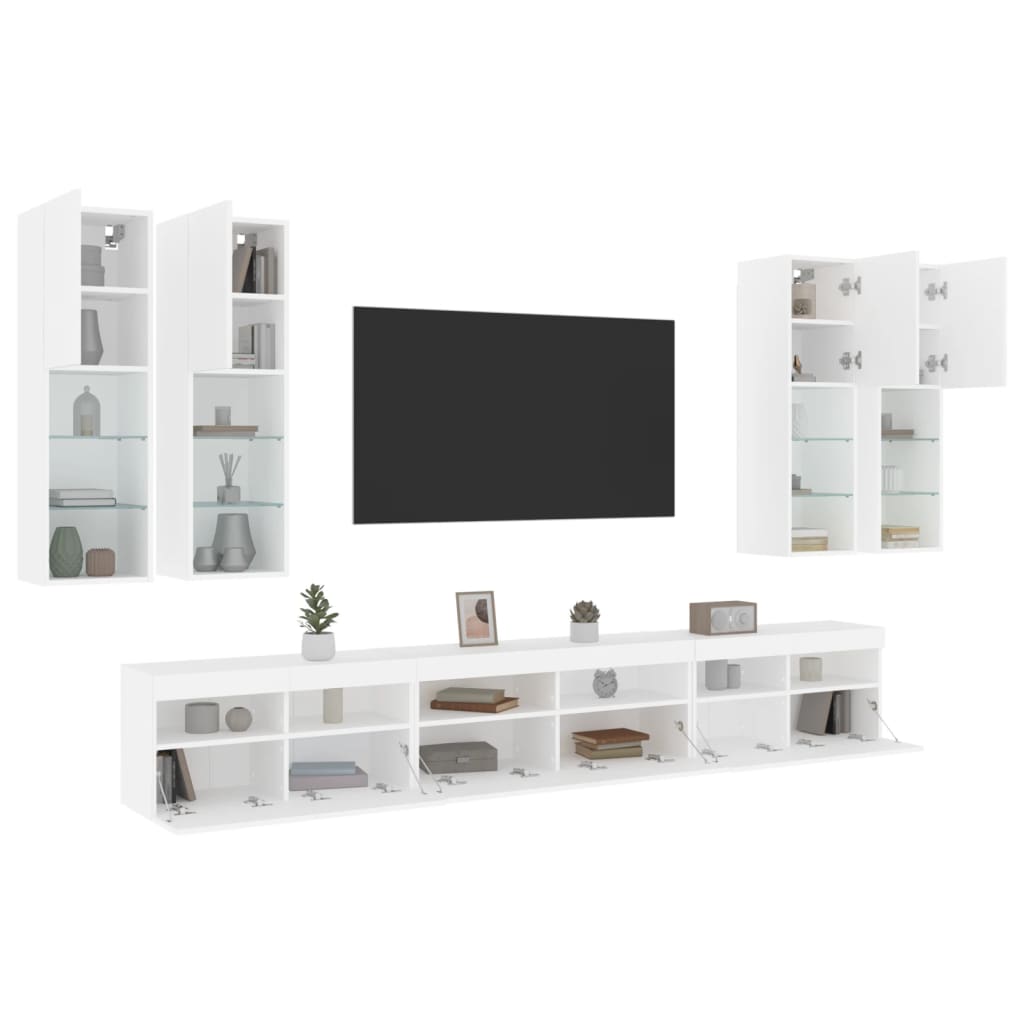 7-tlg. TV-Wohnwand mit LED-Leuchten Weiß