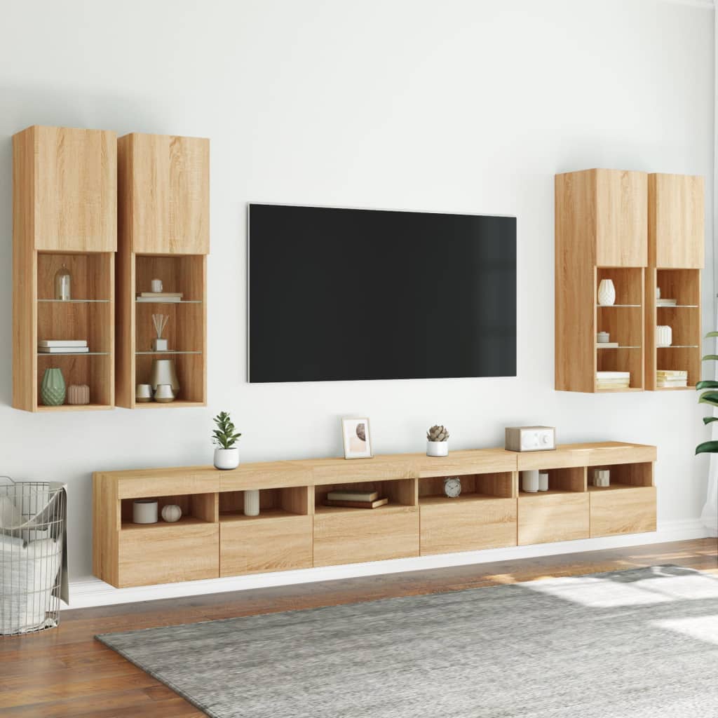 7-tlg. TV-Wohnwand mit LED-Leuchten Sonoma-Eiche