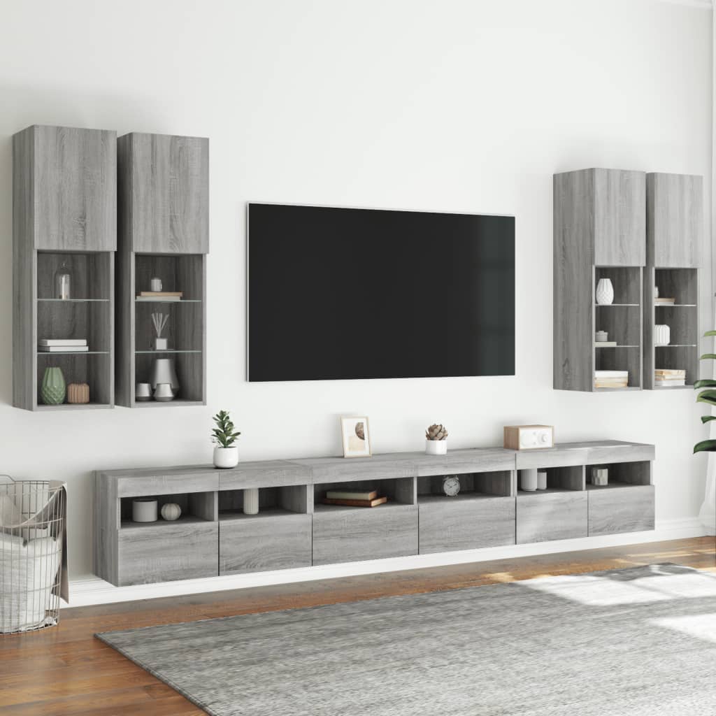 7-tlg. TV-Wohnwand mit LED-Leuchten Grau Sonoma