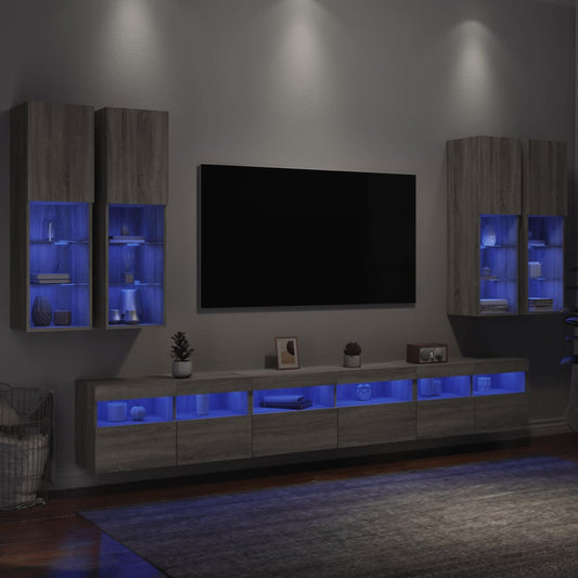 7-tlg. TV-Wohnwand mit LED-Leuchten Grau Sonoma