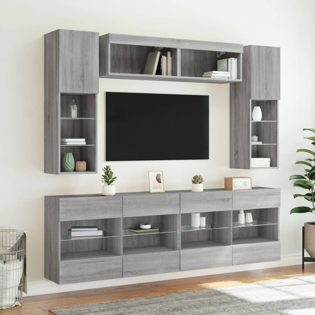 6-tlg. TV-Wohnwand mit LED-Leuchten Grau Sonoma