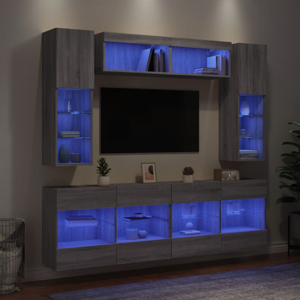 6-tlg. TV-Wohnwand mit LED-Leuchten Grau Sonoma