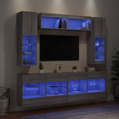 6-tlg. TV-Wohnwand mit LED-Leuchten Grau Sonoma