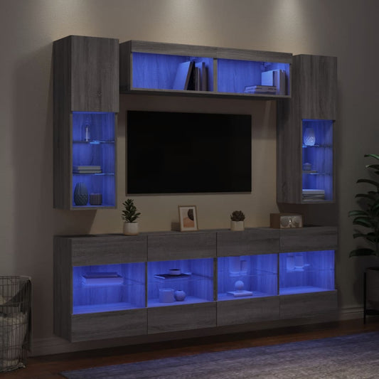 6-tlg. TV-Wohnwand mit LED-Leuchten Grau Sonoma