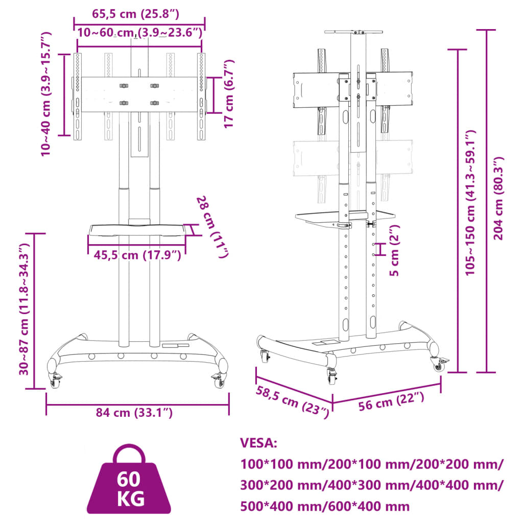 TV stativ på hjul 32-70 tommer Max VESA 600x400 60kg