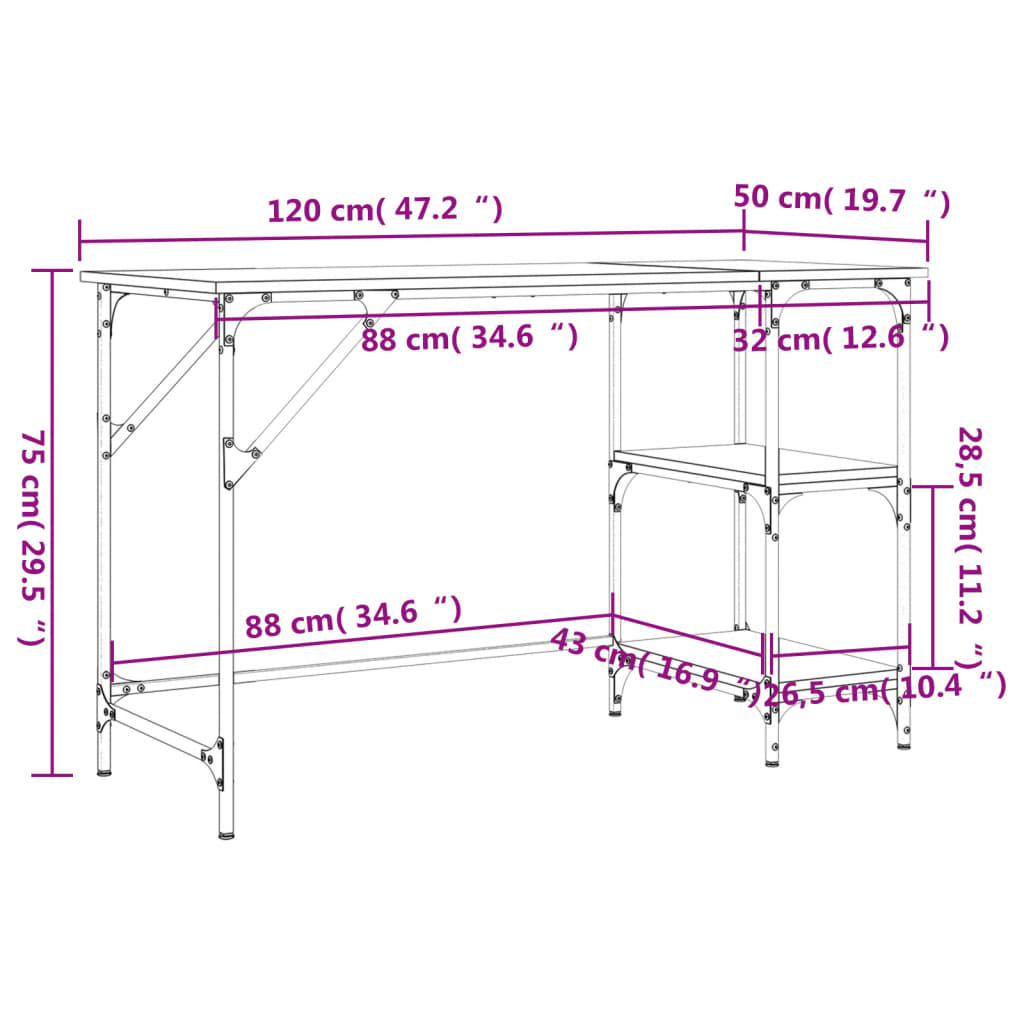 Schreibtisch Grau Sonoma 120x50x75 cm Metall Holzwerkstoff