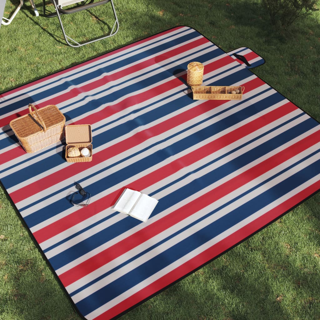 Picnic Tæppe Sammenfoldelig Rød og Blå Stribet 200x200 cm Fløjl