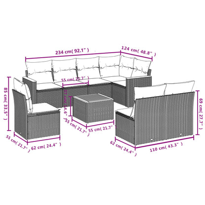 9-teiliges Gartensofa-Set mit Kissen, grau, Polyrattan