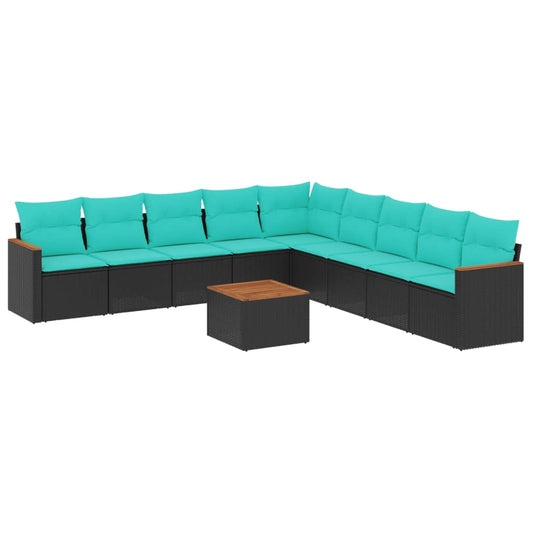 10-teiliges Gartensofa-Set mit Kissen, schwarzes Polyrattan