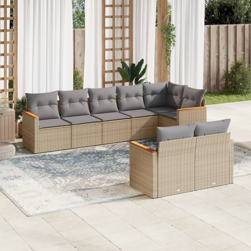 8-tlg. Garten-Sofagarnitur mit Kissen Beige Poly Rattan