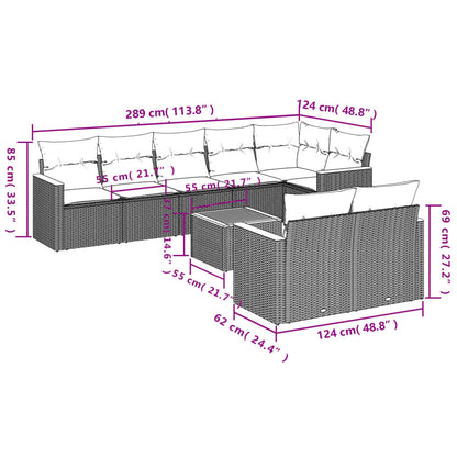 9-teiliges Gartensofa-Set mit Kissen, grau, Polyrattan