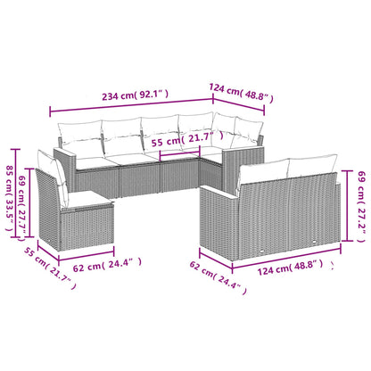 8-teiliges Gartensofa-Set mit Kissen, schwarzes Polyrattan