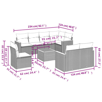 9-teiliges Gartensofa-Set mit Kissen, schwarzes Polyrattan