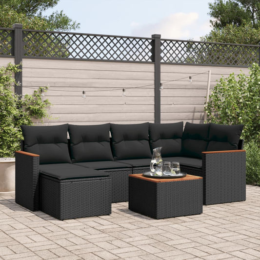 7-delt sæt Havesofasæt med puder Sort polyrattan