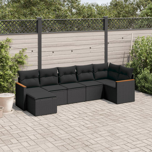 7-delt sæt Havesofasæt med puder Sort polyrattan
