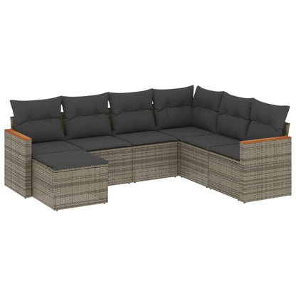 7-tlg. Garten-Sofagarnitur mit Kissen Grau Poly Rattan