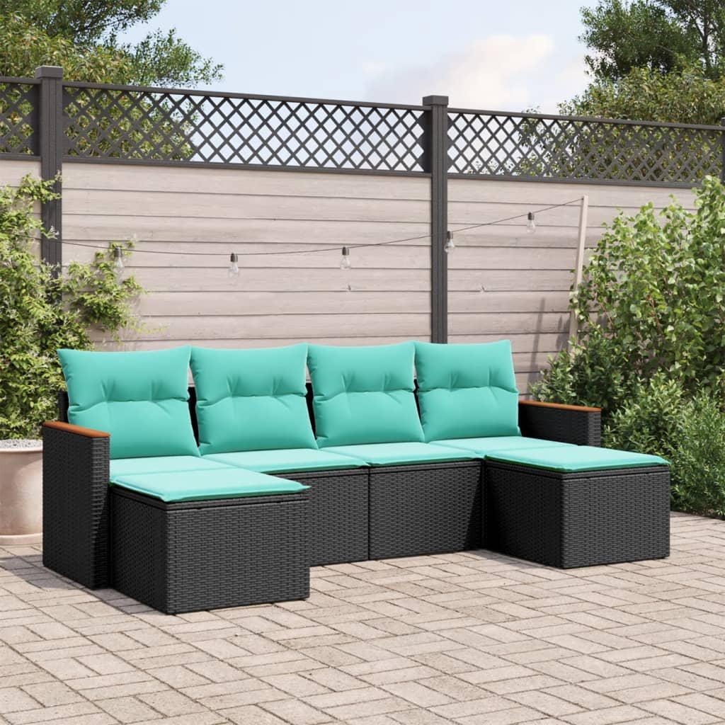 6-teiliges Gartensofa-Set mit Kissen, schwarzes Polyrattan