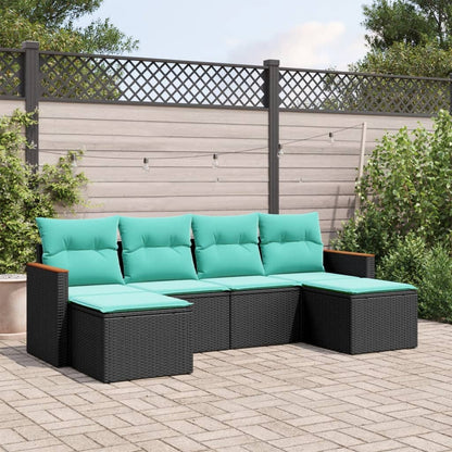 6-teiliges Gartensofa-Set mit Kissen, schwarzes Polyrattan