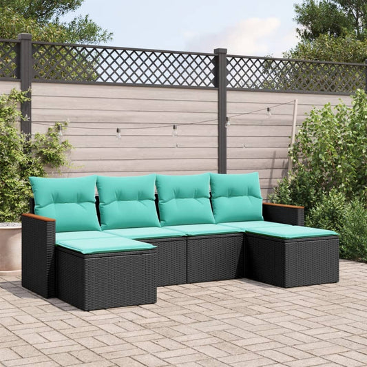 6-teiliges Gartensofa-Set mit Kissen, schwarzes Polyrattan