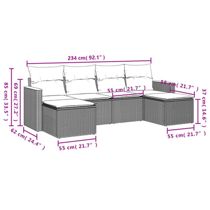 6-teiliges Gartensofa-Set mit Kissen, grau, Polyrattan