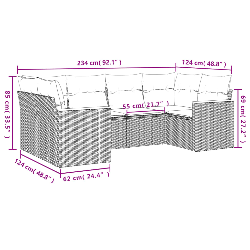 6-teiliges Gartensofa-Set mit Kissen, schwarzes Polyrattan
