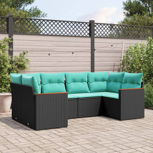 6-teiliges Gartensofa-Set mit Kissen, schwarzes Polyrattan