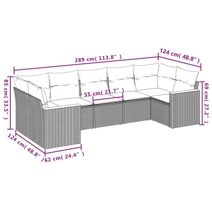 7-teiliges Gartensofa-Set mit Kissen, schwarzes Polyrattan