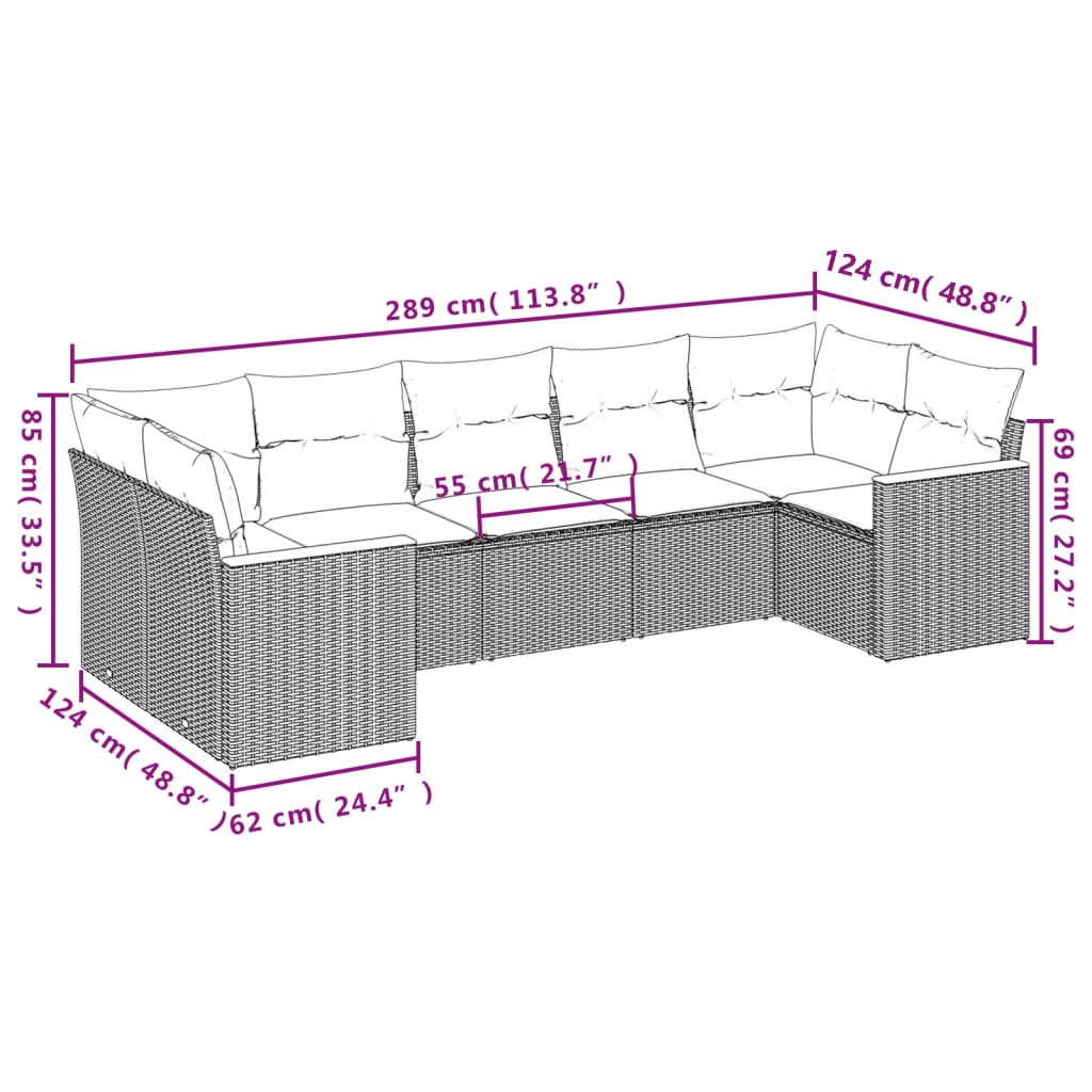 7-teiliges Gartensofa-Set mit Kissen, grau, Polyrattan