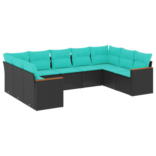 9-teiliges Gartensofa-Set mit Kissen, schwarzes Polyrattan