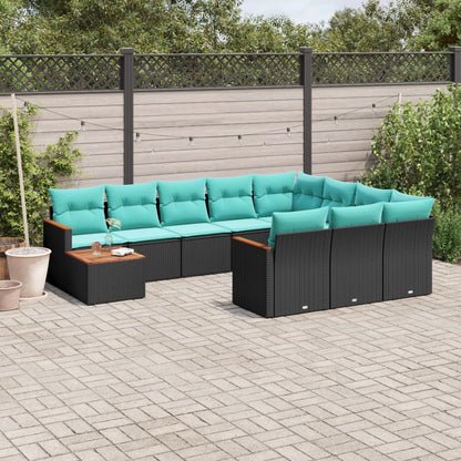 11-teiliges Gartensofa-Set mit Kissen, schwarzes Polyrattan
