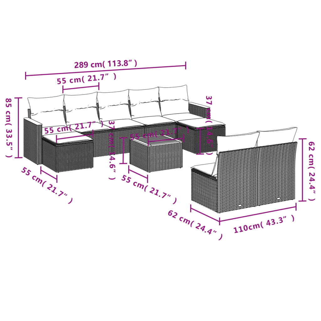 10-teiliges Gartensofa-Set mit Kissen, grau, Polyrattan