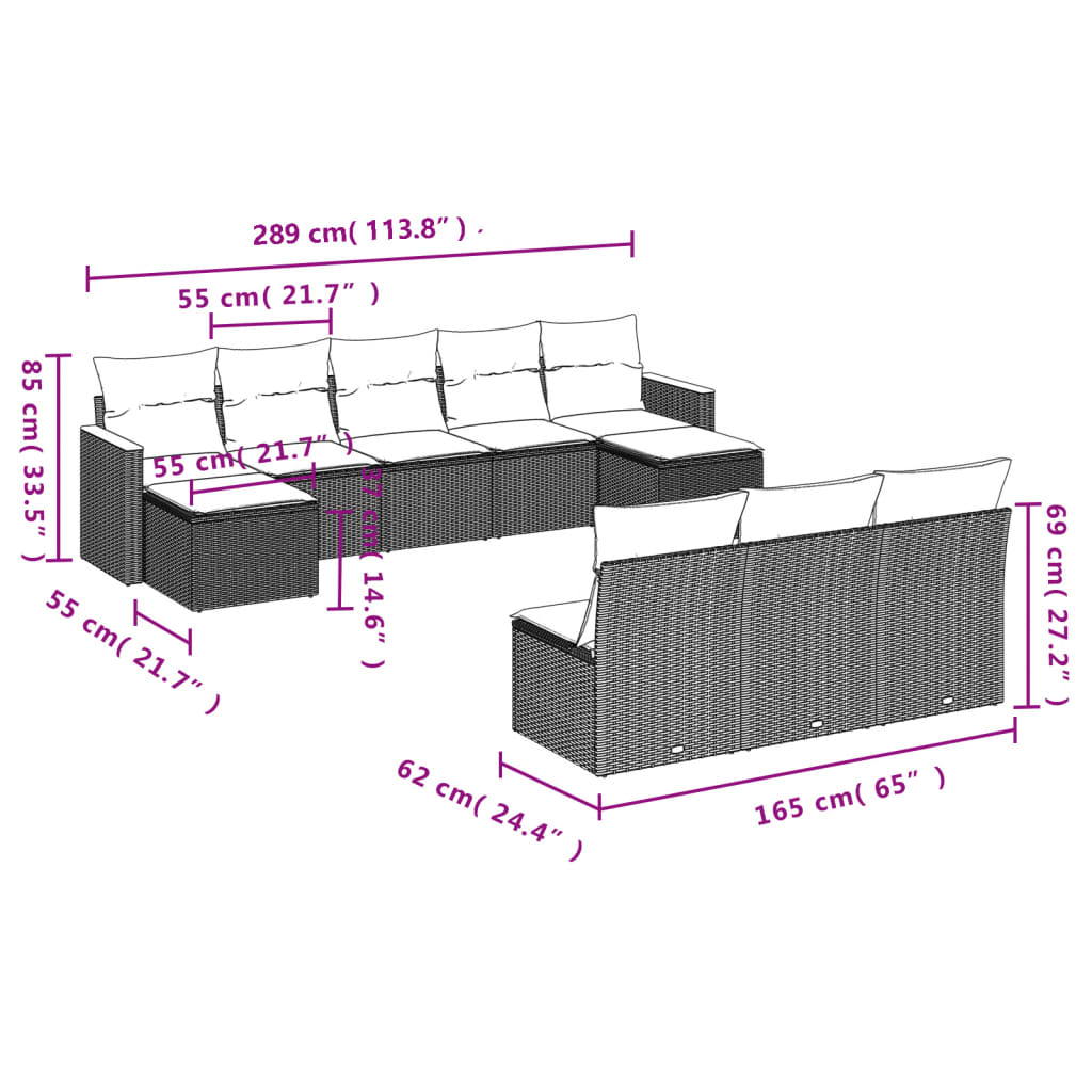 10-teiliges Gartensofa-Set mit Kissen, grau, Polyrattan