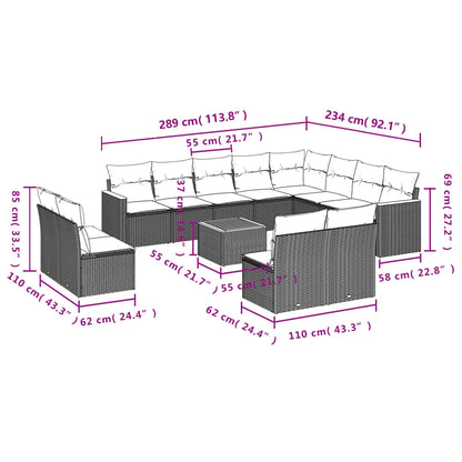 13-teiliges Gartensofa-Set mit Kissen, schwarzes Polyrattan