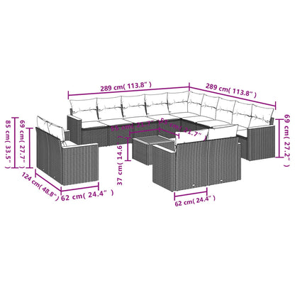 14-teiliges Gartensofa-Set mit Kissen, schwarzes Polyrattan