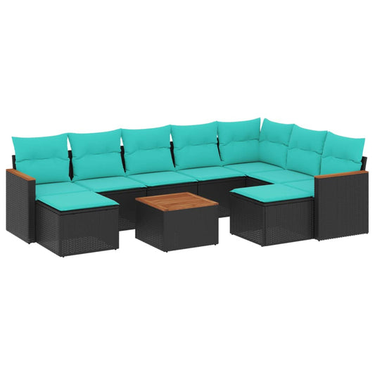 10-teiliges Gartensofa-Set mit Kissen, schwarzes Polyrattan