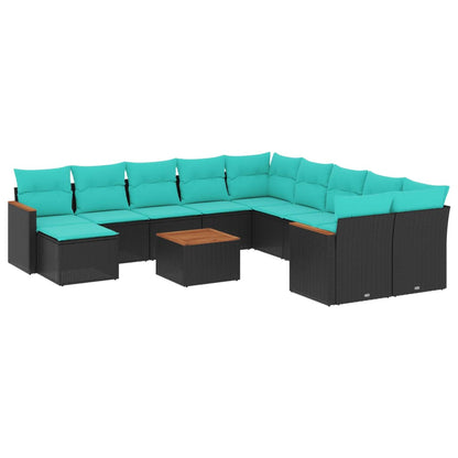 12-teiliges Gartensofa-Set mit Kissen, schwarzes Polyrattan