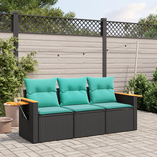 3-tlg. Garten-Sofagarnitur mit Kissen Schwarz Poly Rattan